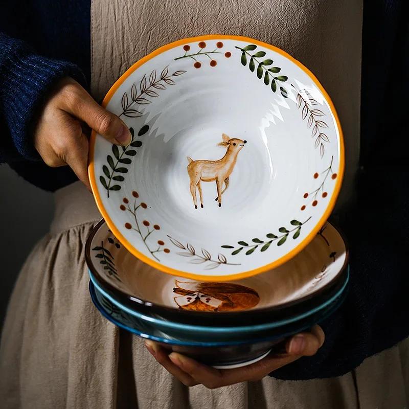 8 inch Ceramic Bowl Noodle Bowl Forest Animal Design Large Creative Restaurant Household Flower