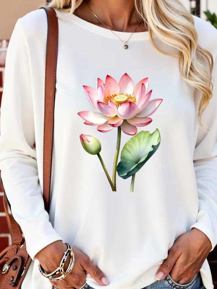 (Asian Size) Lovely Trend Flower  Long Sleeve T Shirt Tee Lady Printed O-neck Women Female Clothing Casual Fashion Top Graphic T-shirts