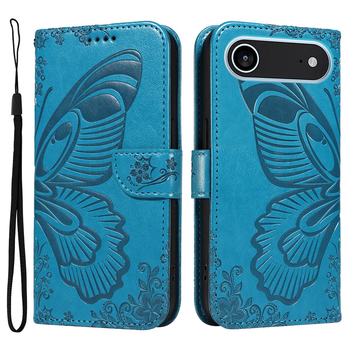 

For iPhone 17 Air Case Butterfly Pattern PU Leather Folio Flip Phone Cover Blue