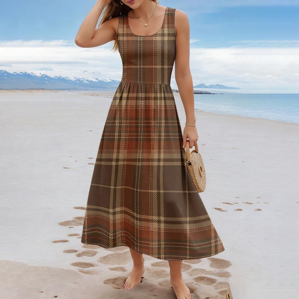 Ladies' Checkered Summer Casual and Fashionable Sleeveless Long Dress
