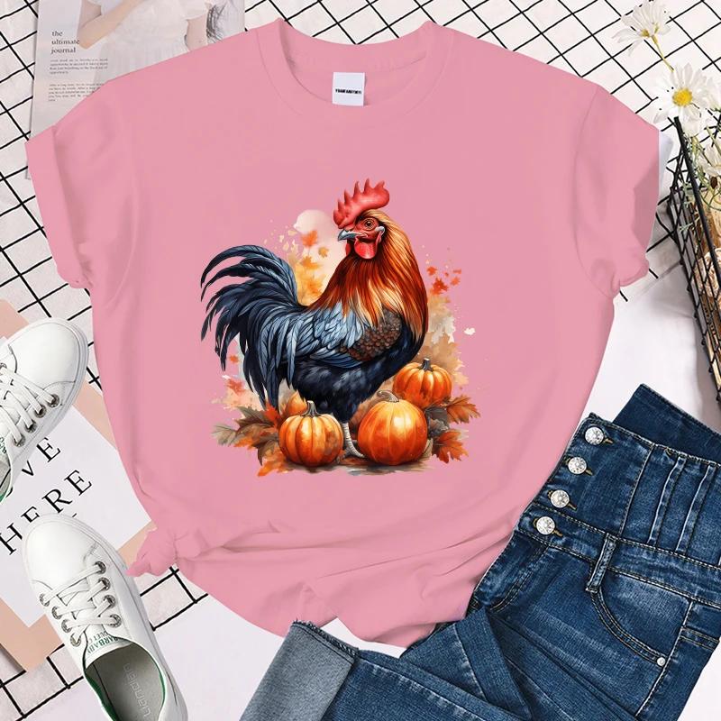 (Premium T-shirt)Cool Fall Chicken Pumpkin Print T-Shirt For Women Summer Fashion Casual T-Shirts Short Sleeve Creative Tops