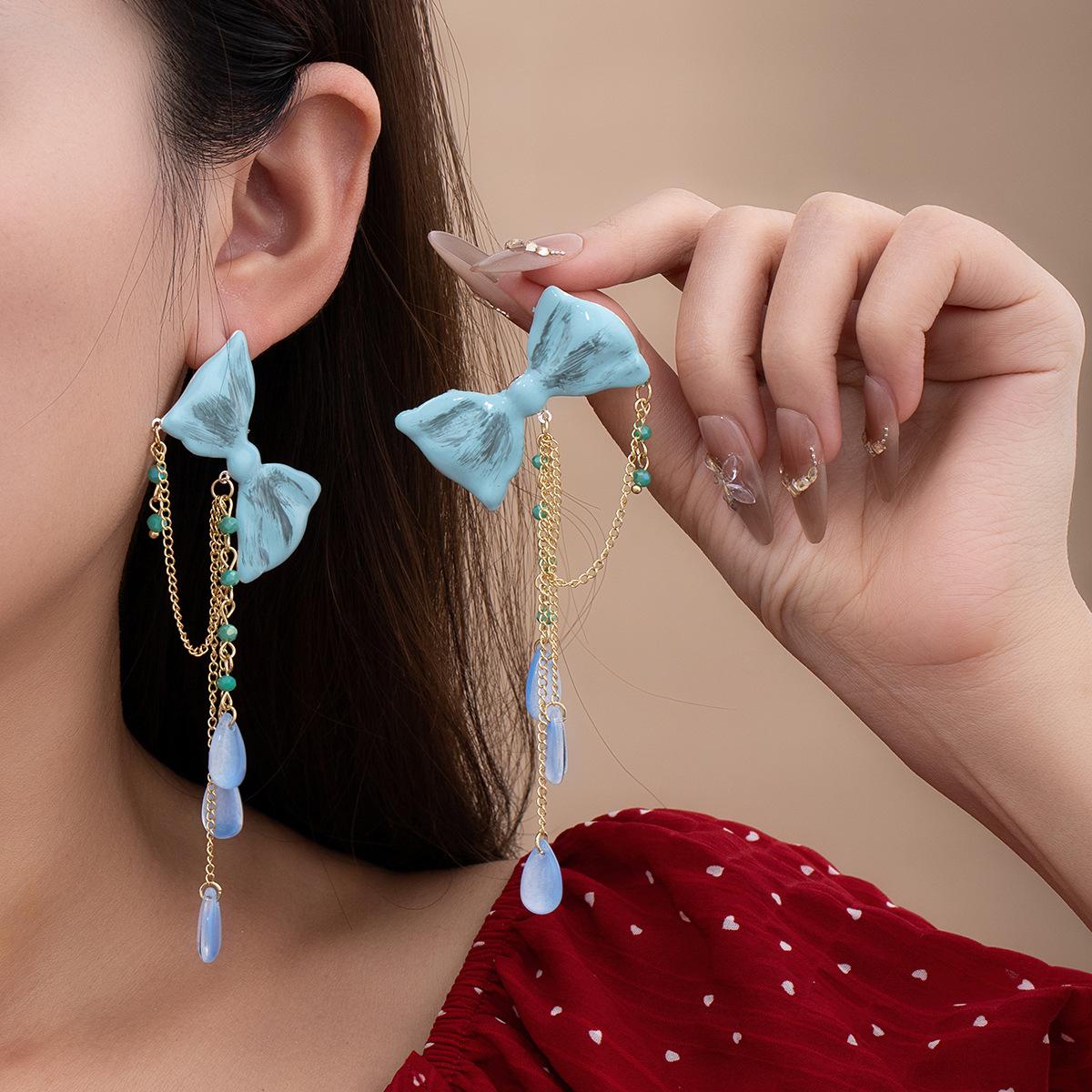 Blue Bow Water Drop Fringed Stud Earrings Long Seaside Vacation Earrings Fresh And Sweet Earrings Pendant Earrings