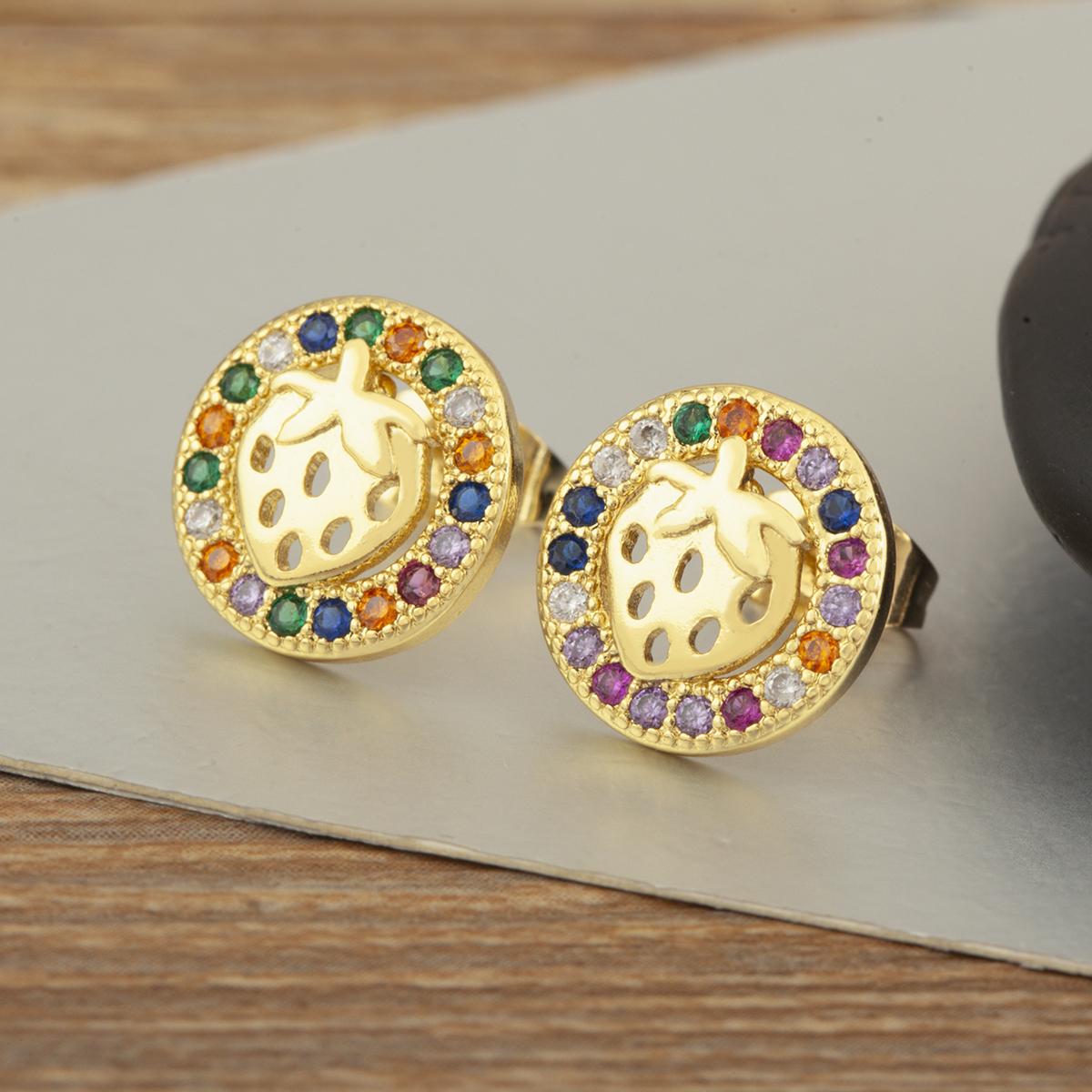 

Nidin New Fashion Round Shape Strawberry Stud Earrings For Women Female Copper Inlaid Colorful/White Zircon Ear Jewelry Gifts