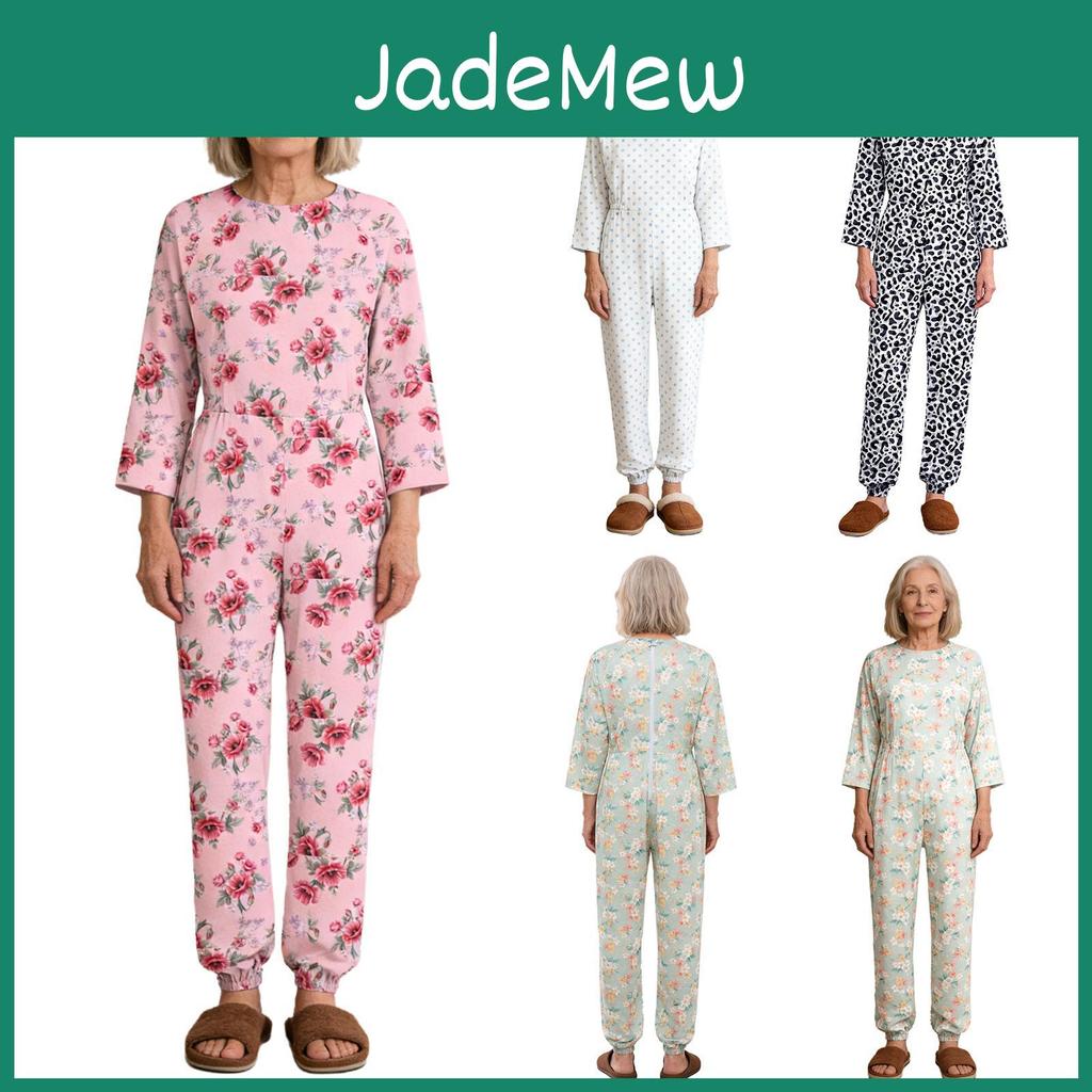 Damen Adaptive Romper für Ältere Alzheimer Rückreißverschluss Beinreißverschlüsse Langarm Lange Hosen Anti-Strip Jumpsuit