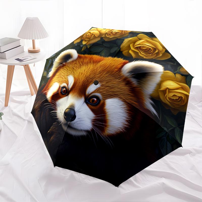 Red Panda and Rose pattern, automatic folding umbrella, portable and foldable design, 8 ribs, a Christmas or birthday gift.