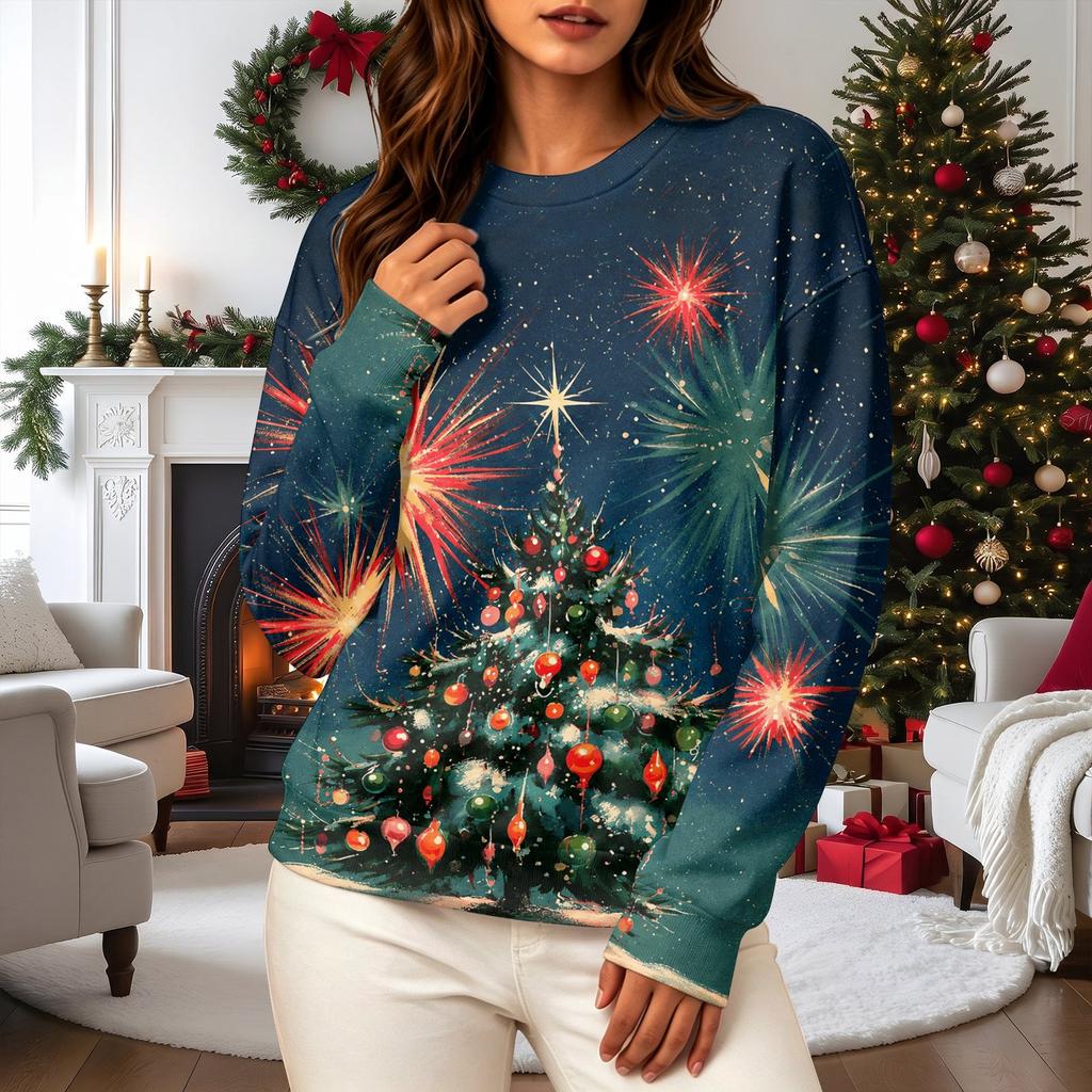 Women's Casual Christmas Print Long Sleeve Neck Sweatshirt