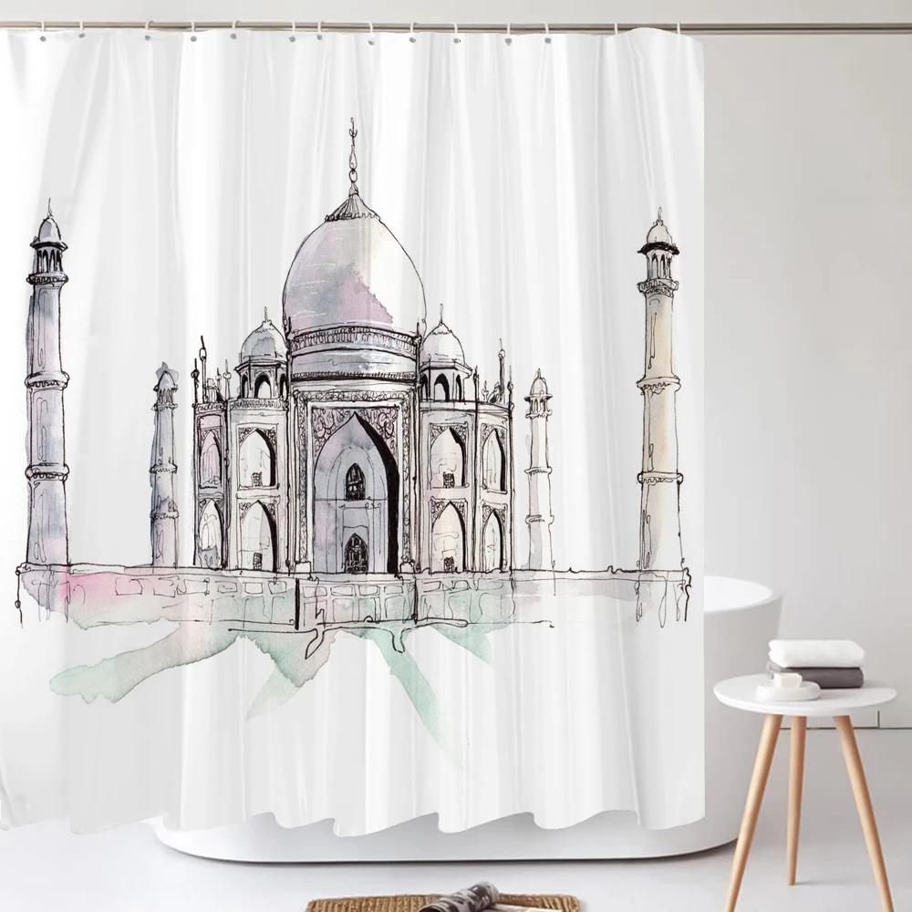 Art Line Drawing Scenery Shower Curtain Waterproof Polyester Bathroom Curtain Room Decor Bathtub Curtain Textured With Hooks