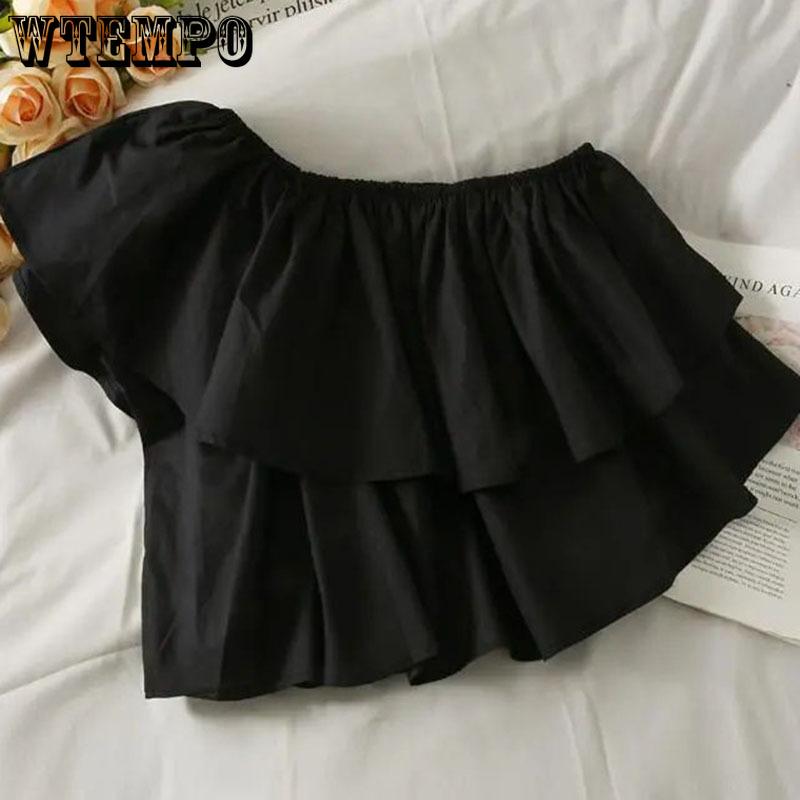 Sweet Off Shoulder Ruffled Top Women White Short T-shirt High Waist Navel Expose Sexy Desire Sleeveless Sloping Shoulder Summer