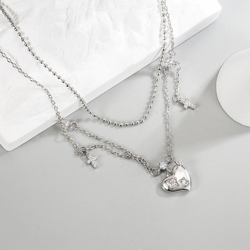 New 925 Silver Heart-Shaped Double Layered Tassel Necklace For Women Exquisite Cross Star Collarbone Chain JewelryGift