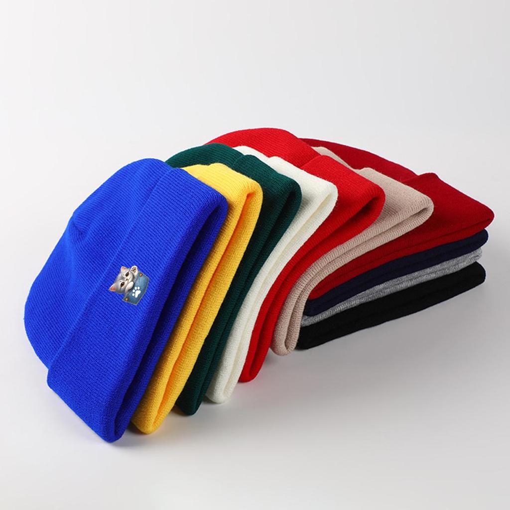 Pocket Cute Cat Print Knit Cap Beanie, Print Pompom Beanies Hip Hop Versatile Elastic Slouchy Knitted Cap Beanie