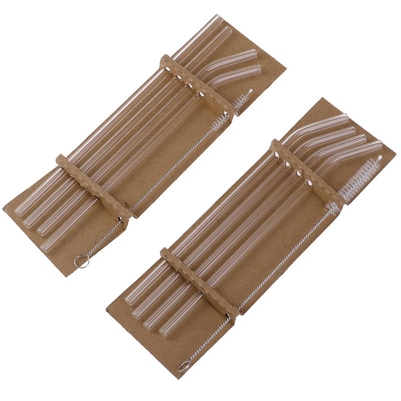 Pailles à courbure droite en verre Transparent, brosse de nettoyage pour boissons, Bar, 5 pièces