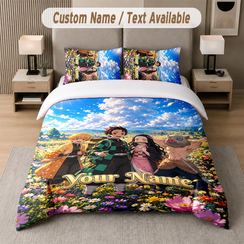 Demon Slayer 3Pcs Bedding Set, Personalized Custom Name Text, 1 Duvet Cover & 2 Pillowcases For Bedroom