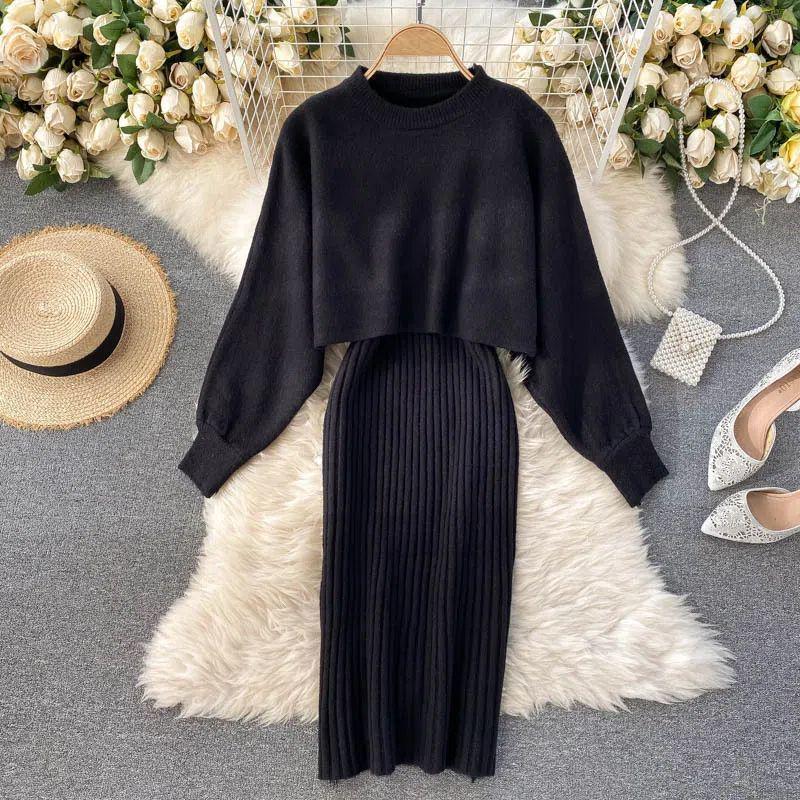 Autumn/Winter Chic Turtleneck Batwing Sweater & V-Neck Dress Set