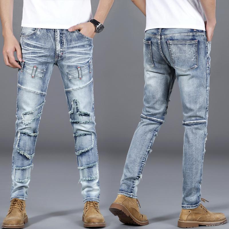 2024 New Motorcycle Jeans Men'S Trendy Brand Slim Fit Small Straight Tube High-End Elastic Pants With Cool Splicing