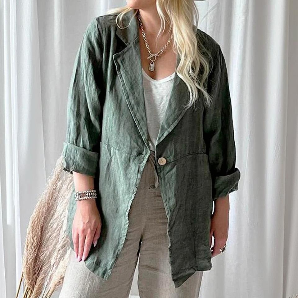 

Women s Fashionable And Casual Solid Color Long-sleeved Cotton And Linen Shirt Top XL