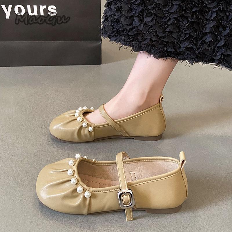 Modische französische Mary Jane Schuhe Perlenverzierung Schnallenriemen Runde Zehenpartie Flache Niedrigabsatz-Pumps Weiche Sohle Ballerinas Damenschuhe Größe 35-42