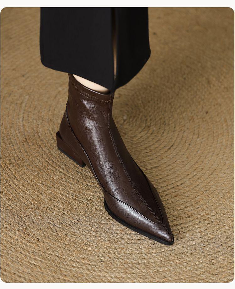 Women's Genuine Leather Sheepskin Ankle Boots - Pointed Toe, Chunky Heel, Back Zipper, 2025 New Stretch Sock Slim Boots