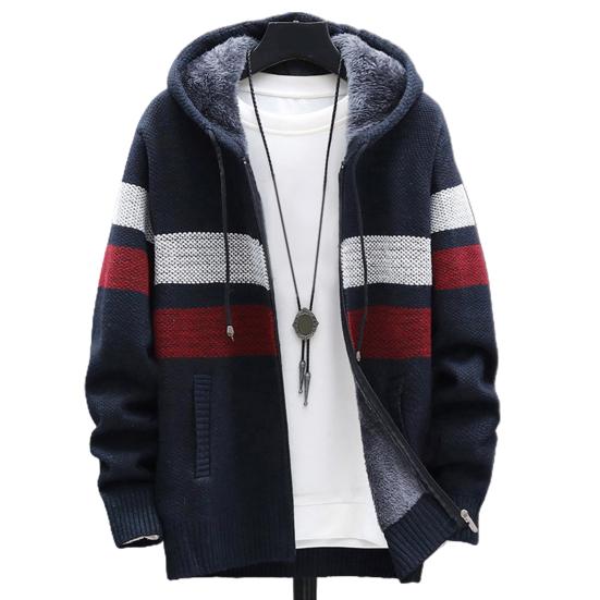 

Осень-зима для мужчин с длинным рукавом вязаный кардиган с капюшоном на молнии плюшевое пальто с цветными блоками 3XL темно-синий