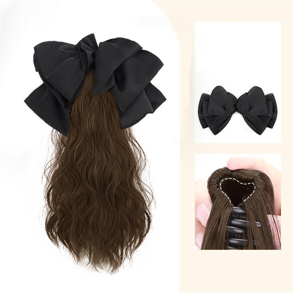 Pferdeschwanz Synthetische Perücke Lang Lockig Haarspange Simuliertes Echthaar Süße Schleife Tiefer Zopf