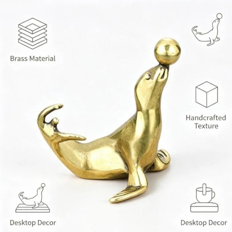 Brass Sea Lion Figurine With Vintage Crafted Design And Balancing Ball Detail Perfect For Home Desk Decor Small Gifts Collection