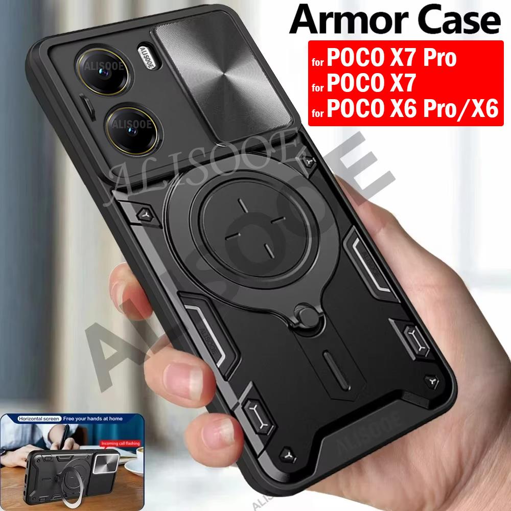 Rüstung Magnetischer Ringständer Funda für POCO X7 Pro / X6 Pro 5G Hülle Schiebe-Kamera-Schutzabdeckung für Xiaomi POCO X6 5G Capa