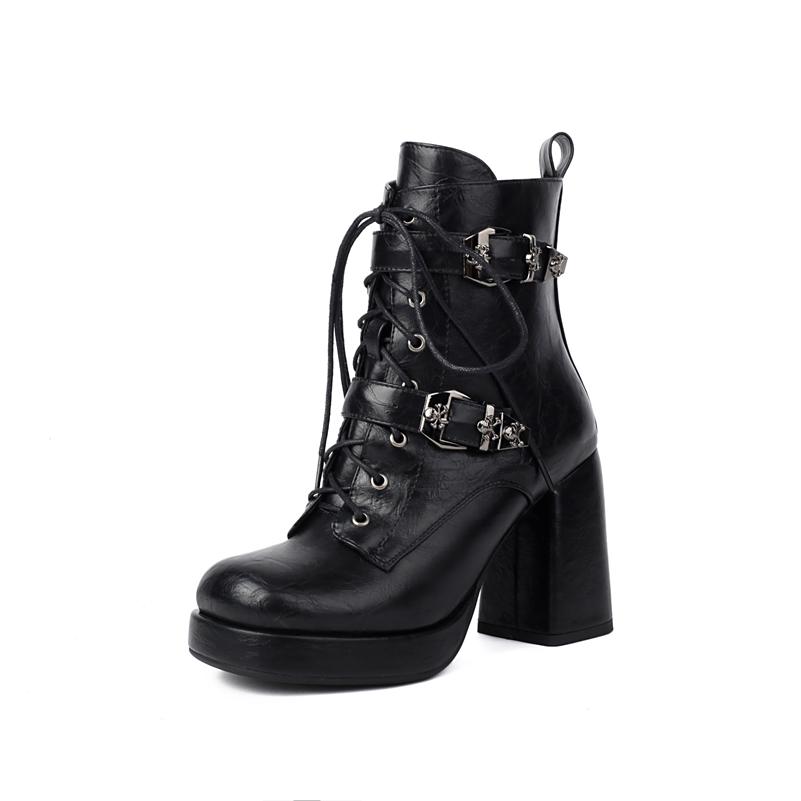 

ANNYMOLI Женские короткие ботильоны с круглым носком, на высоком каблуке, на молнии, на платформе, с пряжкой, на шнуровке, армейские ботинки, женская модная зимняя обувь 34 чёрный