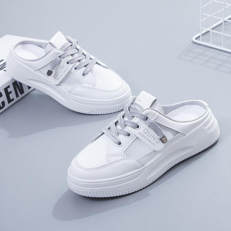 2025 new summer half-drag little white women's shoes wear lazy ins mesh bag head fashion thick-soled cool slippers