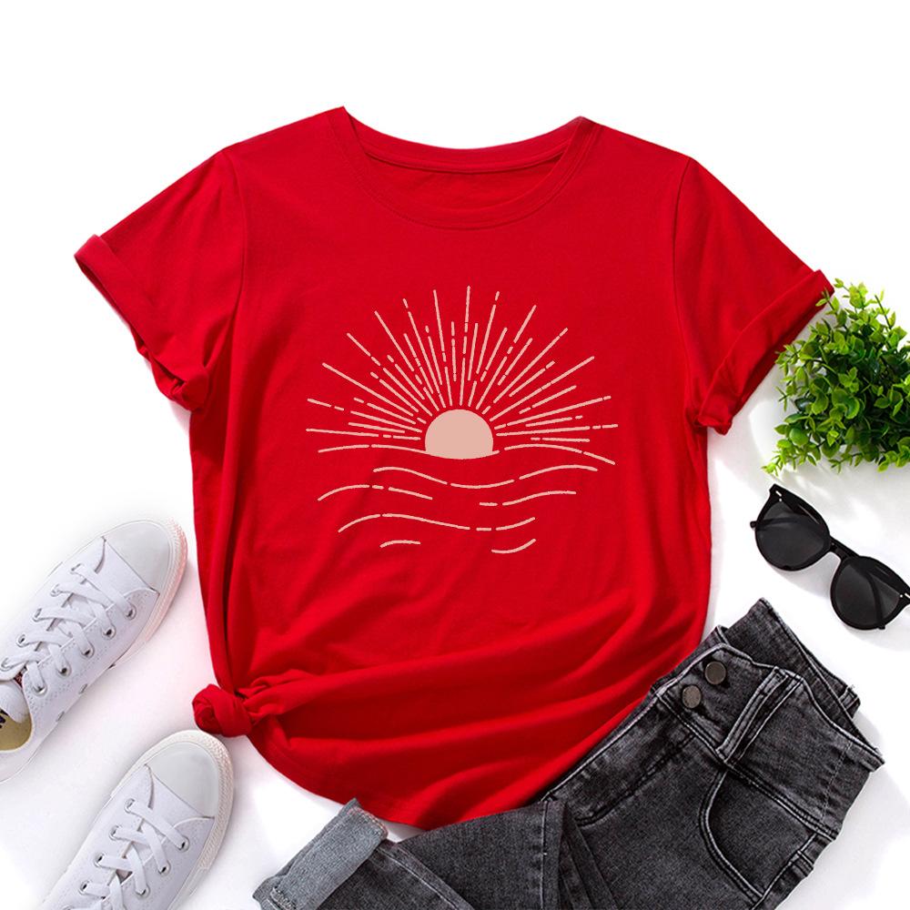 Cotton T-Shirt Short Sleeve Round Neck Women 2d Print Tops