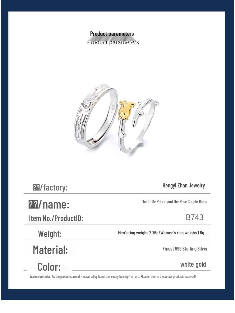 The Little Prince & Rose 999 Sterling Silver Adjustable Couple Rings, Gift for Men & Women