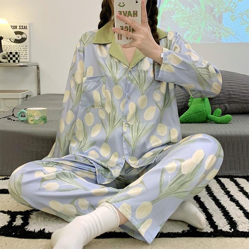 

Temperament Tulip Autumn Long Sleeve Ice Silk Pajamas Women S Suit Women Can Wear Homewear Two-Piece Suit XL