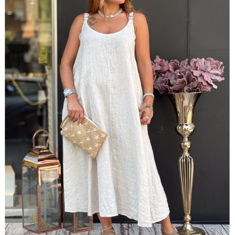 Summer Spaghetti Strap Cotton Linen Dress: Sleeveless, Round Neck, with Pockets - New Arrivals In Women's Simple Style