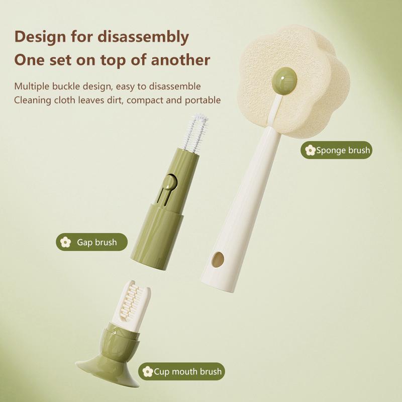 1 szt. Szczotka do czyszczenia kubków 3 w 1 w kształcie kwiatka z długim uchwytem, podstawką z przyssawką, wyjmowaną szczotką do szczelin, szczotką do kubków, zmywakami do kubków