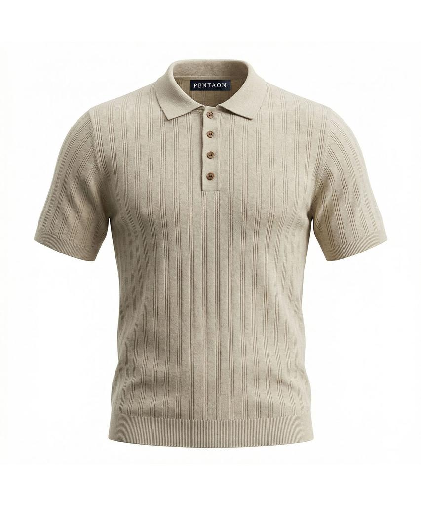 Pentaon Polo Collared Button Ribbed Short Sleeve Knit T-Shirt