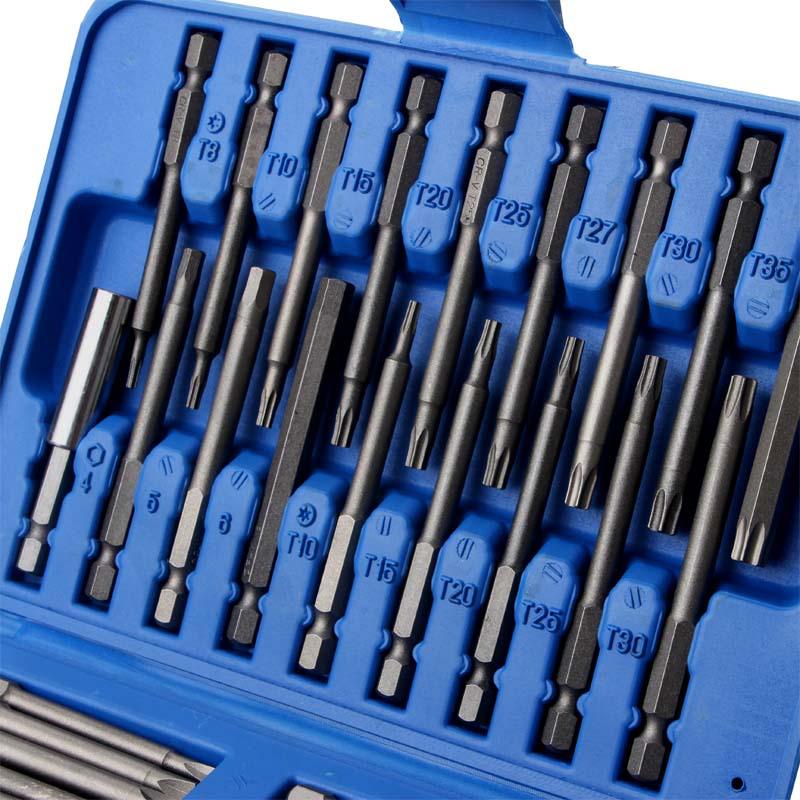 Multifunktionell skruvmejselsats med 36 delar med förlängda bits, sexkantiga och plommonformade.