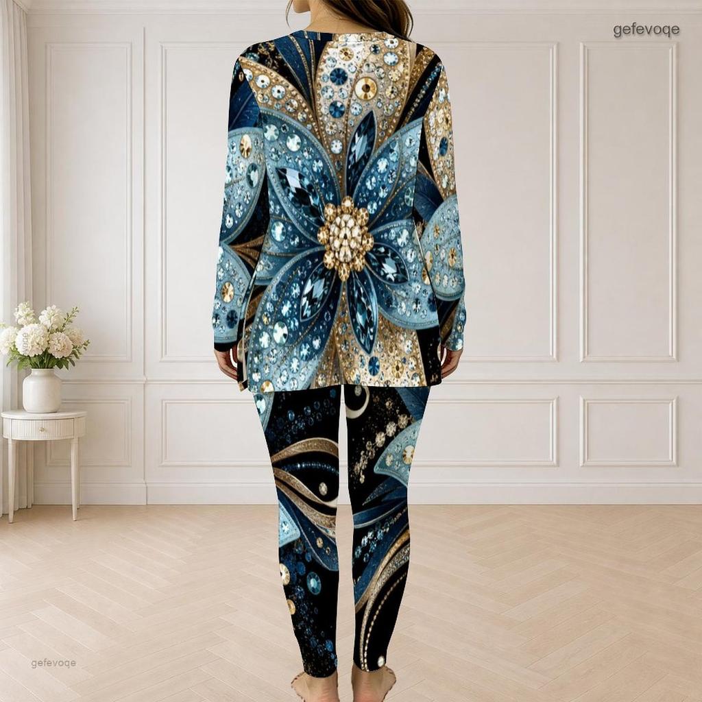Women Plus Size Black Printed Front Zip Long Sleeve Top And Fitted Pants Two Piece Set