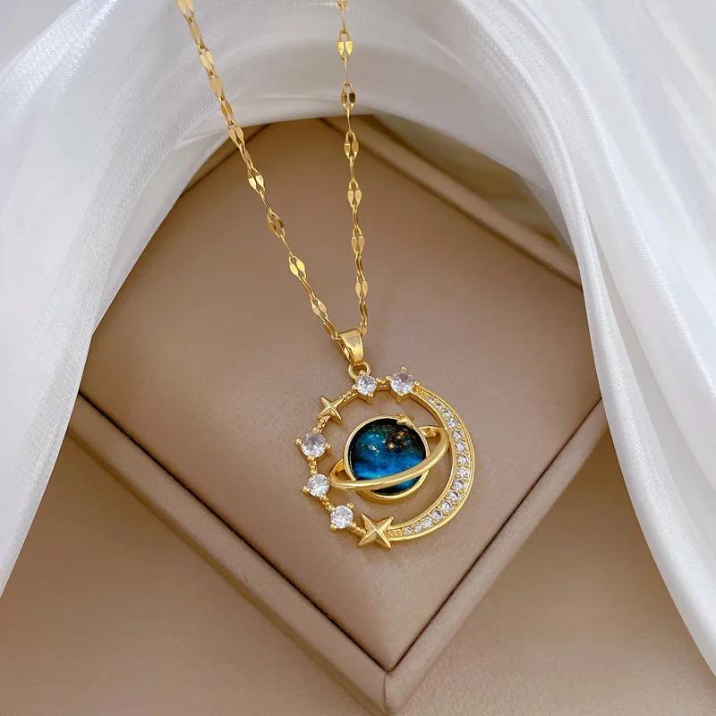 New Luxury Inlaid Zircon Planet Moon Pendant Necklace For Women Titanium Steel Butterfly Water Drop Clavicle Chain Charm Jewelry