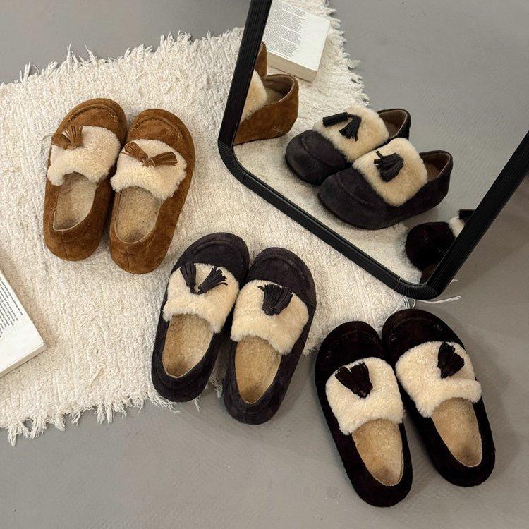 Koreanische Version Herbst und Winter neue Schleife Lammwollschuhe Damen tragen Samt flache Slipper vielseitige Doudou-Schuhe