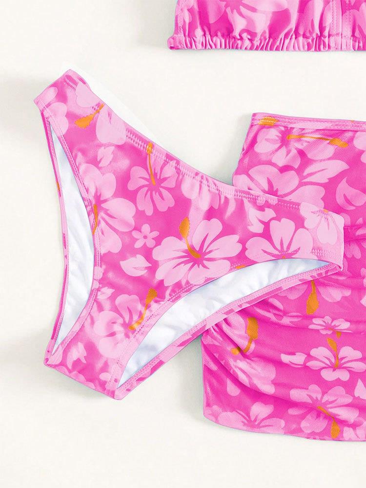 Costume da bagno a tre pezzi con stampa floreale per bambina
