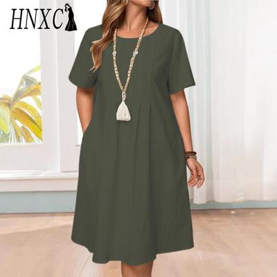 Women's Fashion Summer Spring Solid Color Print O-Neck High Waist Casual Dresses