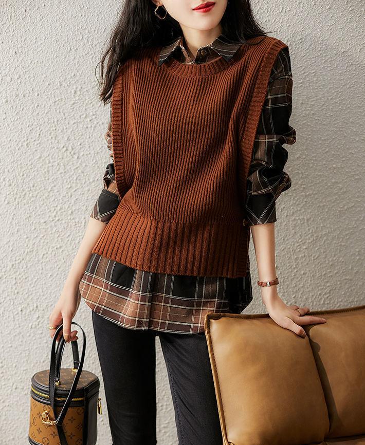 Split Design Sense Knitted Vest Retro Round Neck Versatile Outer Wear Thin Vest Sleeveless Vest Sweater Women
