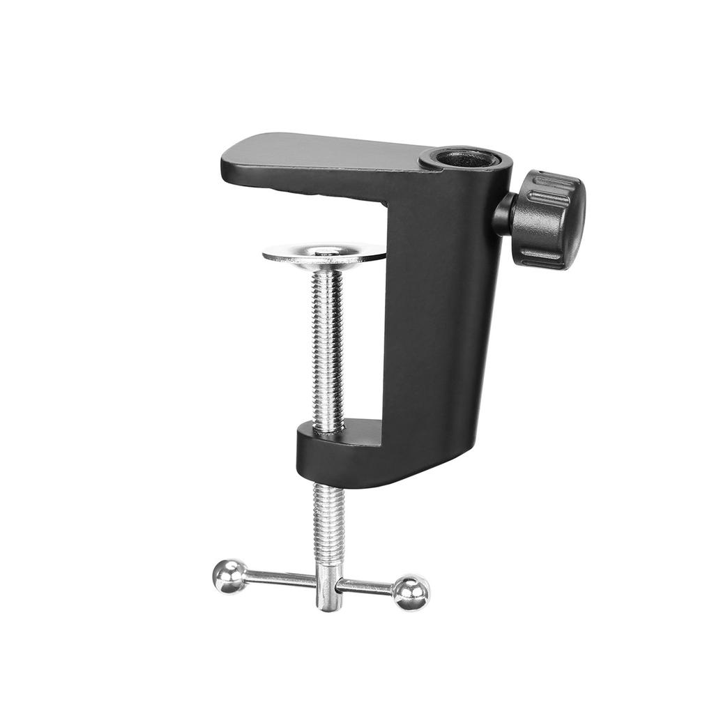 Adjustable microphone arm stand with shock-mounted basket for desk - black