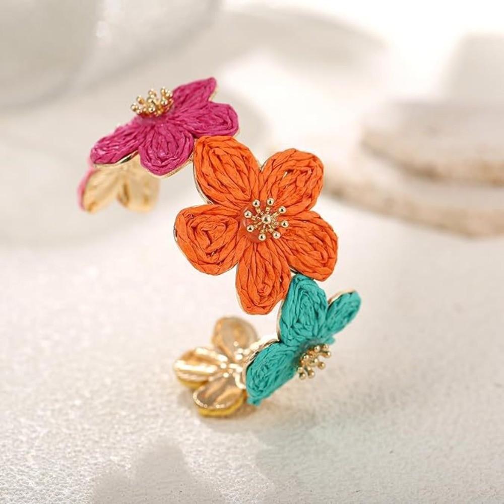 C-shaped Woven Flower Bangle Vintage Hand Ring Retro Raffia Grass Bracelet  Daily