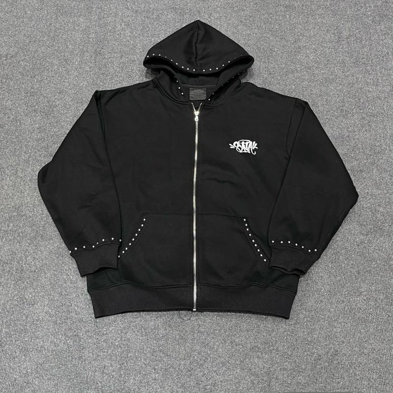 Unisex Embroidered Rivet Fleece-Lined Hooded Sweatshirt