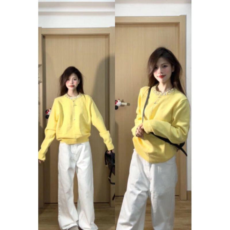 

Miu Вырез Горловины Вставка Бриллиантов Желтый Мягкий Эластичный Пуловер Вязаный Топ Женский Осенний Стильный Свободного Кроя Удобный Свитер Зимний Yellow XL(Suggested 57.50 kg-65.00 kg)