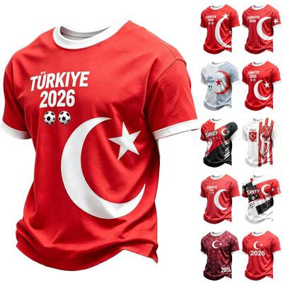 Men's Casual Crew Neck Short Sleeve Pullover T-Shirt Soccer Fan Apparel World Cup Supporter Top with Printed Design