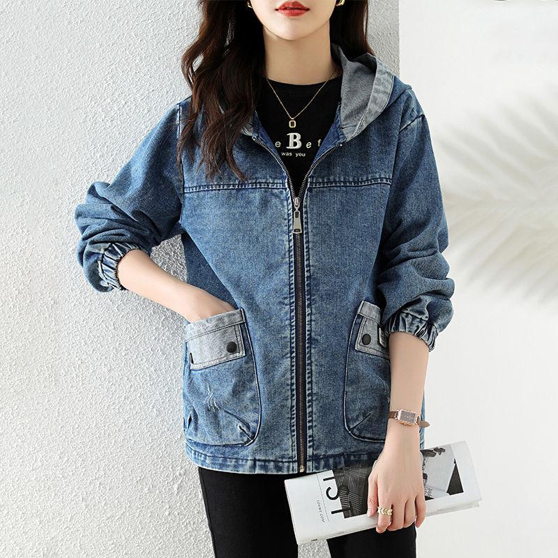 Women Denim Jacket Autumn Long Sleeve Tops Female Casual Hooded Jeans Jackets Women Big Pocket Cowgirl Outerwear