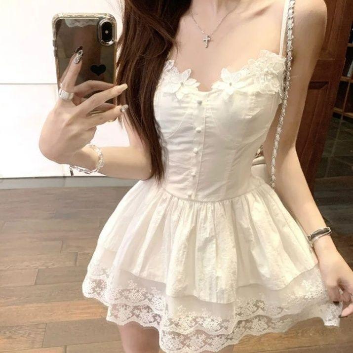 

Sweet and spicy pure desire wind first love small white dress summer new solid color off-the-shoulder hanging waist temperament lace edge dress S белый
