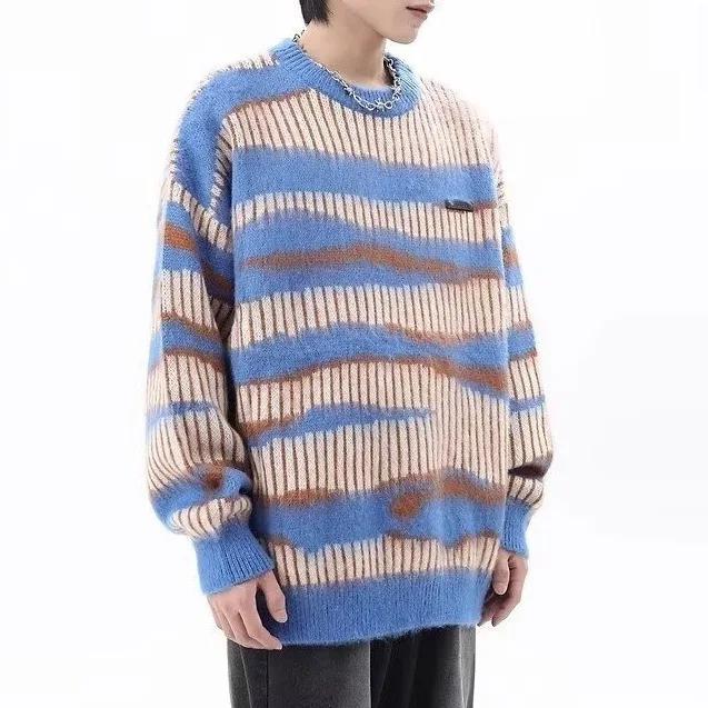 

Мужской винтажный полосатый пуловер 2025 Осень Мужской контрастный свитер Модный мужской вязаный свитер Мужской высококачественный повседневный оверсайз джемпер XL синий