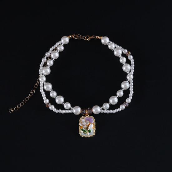Faux Pearl Pet Collar for Dogs Cats Double-layer Beaded Necklace with Enamel Pendant for Pet Dress-up Jewelry Accessories