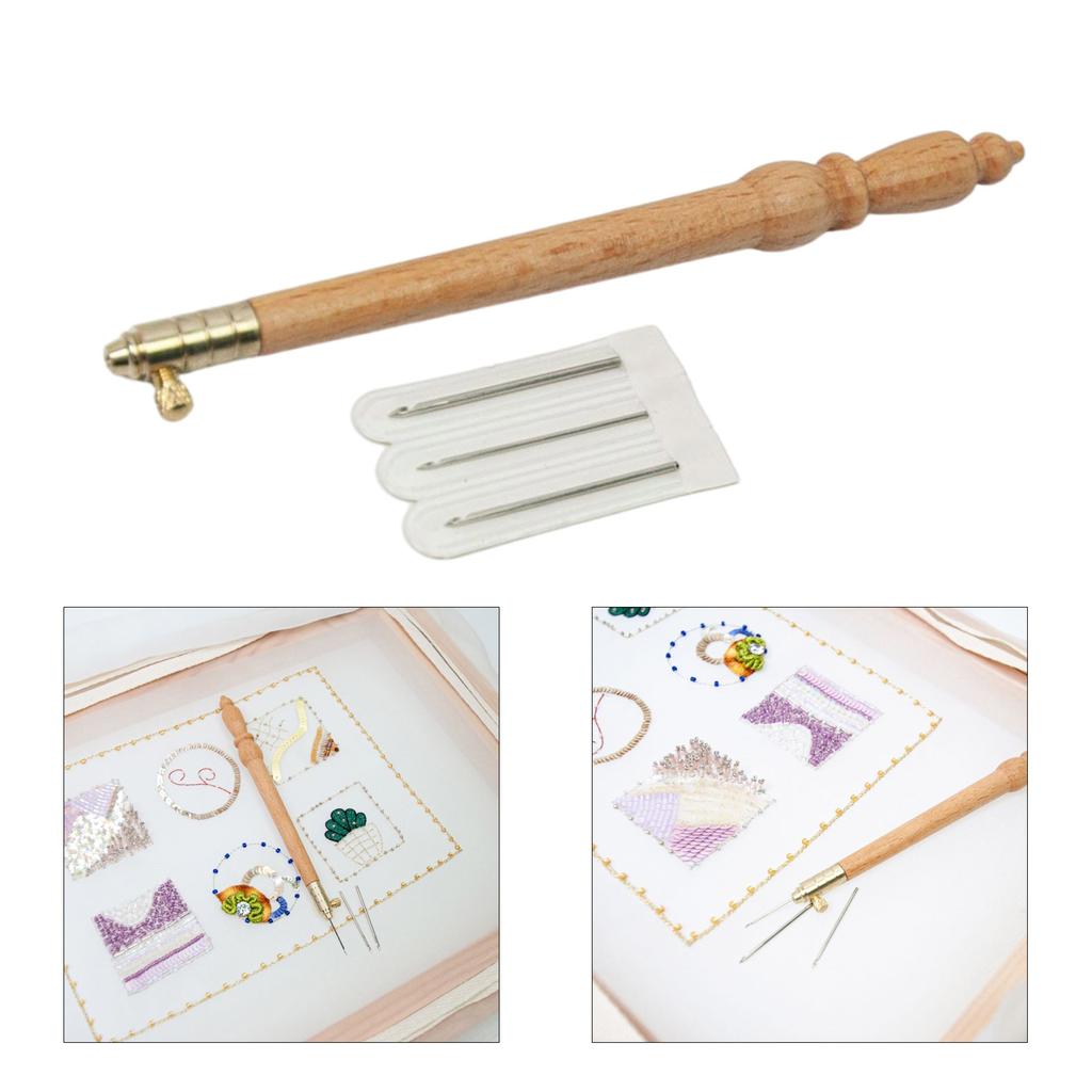 Embroidery Hook Wood Handle Includes Needle (0.8mm 1.0mm 1.2mm) Embroidery Crochet Hook for Sequins Beading Knitting